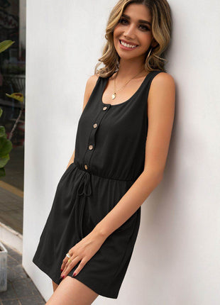 Buttoned Round Neck Sleeveless Romper - MimiStylez