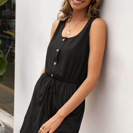Buttoned Round Neck Sleeveless Romper - MimiStylez