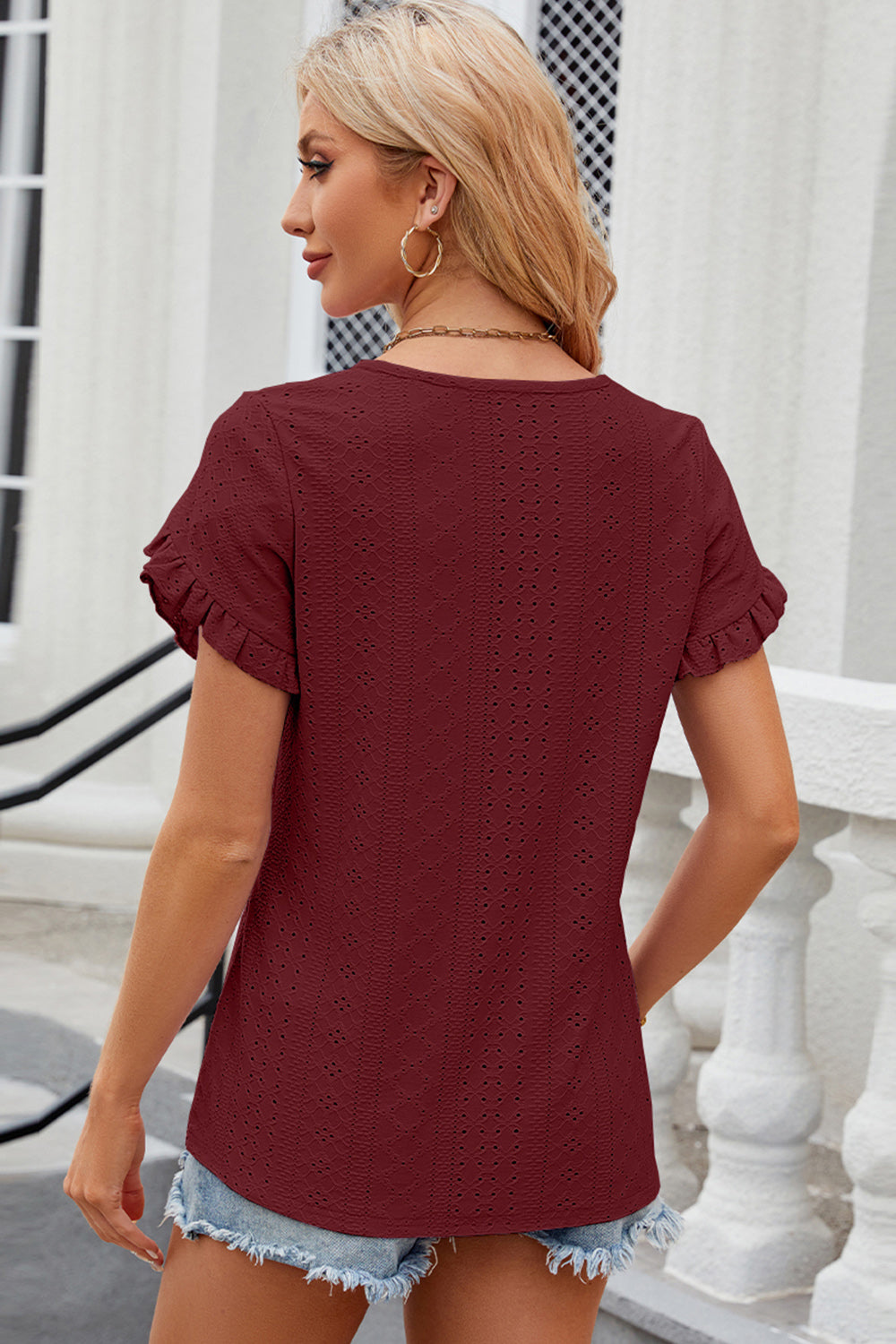 Eyelet Round Neck Petal Sleeve T-Shirt