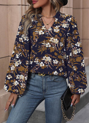 Floral Notched Balloon Sleeve Blouse - MimiStylez