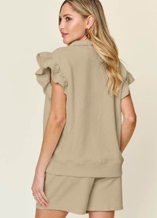 Double Take Full Size Texture Flounce Sleeve Top and Drawstring Shorts Set - MimiStylez
