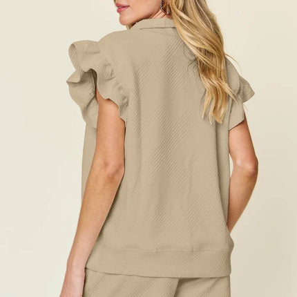 Double Take Full Size Texture Flounce Sleeve Top and Drawstring Shorts Set - MimiStylez