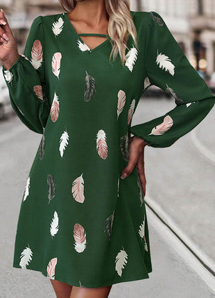 Feather Print V-Neck Dress - MimiStylez
