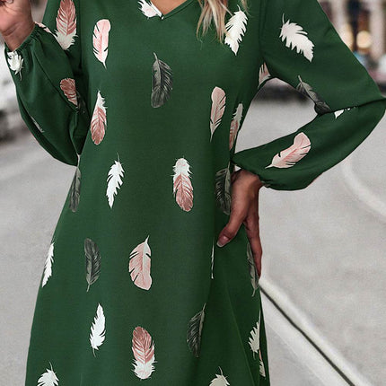 Feather Print V-Neck Dress - MimiStylez