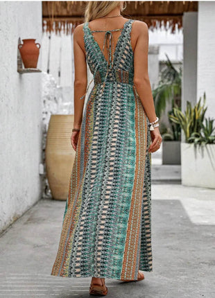 Tied Back Printed Sleeveless Maxi Slit Dress - MimiStylez