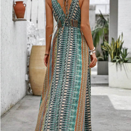 Tied Back Printed Sleeveless Maxi Slit Dress - MimiStylez