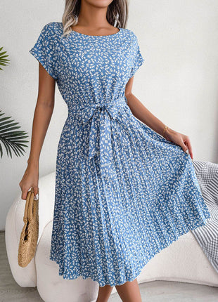 Ditsy Floral Pleated Belted Dress - MimiStylez