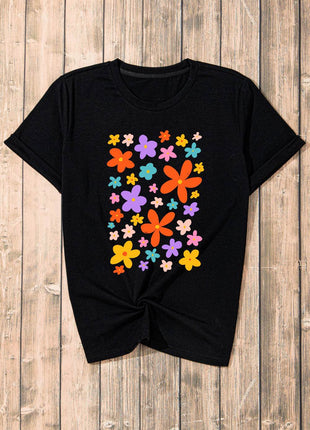 Flower Graphic Round Neck Short Sleeve T-Shirt - MimiStylez