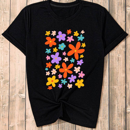 Flower Graphic Round Neck Short Sleeve T-Shirt - MimiStylez