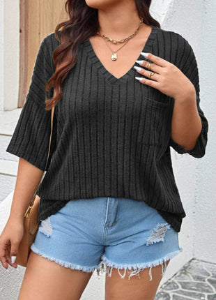 Plus Size V-Neck Ribbed Knit T-Shirt - MimiStylez