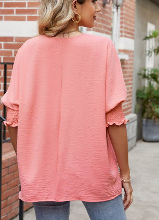 Round Neck Smocked Lantern Sleeve Blouse - MimiStylez