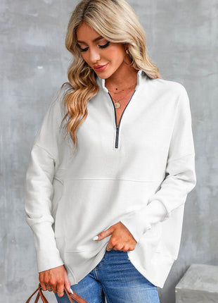 Half Zip Pocketed Dropped Shoulder Sweatshirt - MimiStylez