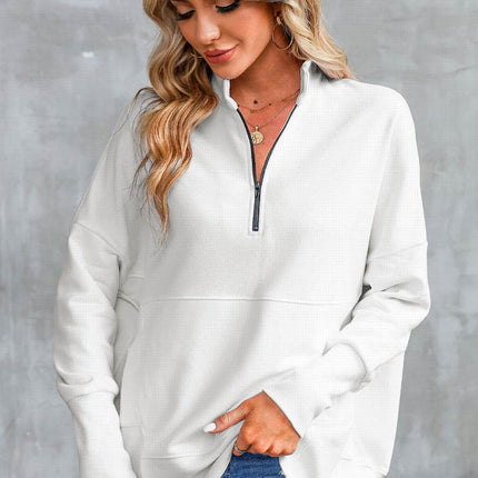 Half Zip Pocketed Dropped Shoulder Sweatshirt - MimiStylez