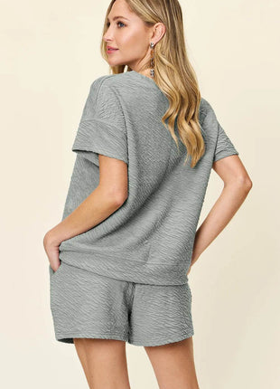 Double Take Full Size Texture Short Sleeve T-Shirt and Drawstring Shorts Set - MimiStylez