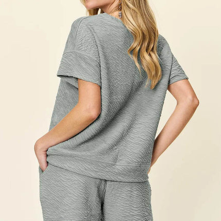 Double Take Full Size Texture Short Sleeve T-Shirt and Drawstring Shorts Set - MimiStylez