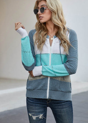 Zip-Up Raglan Sleeve Openwork Hooded Cardigan - MimiStylez