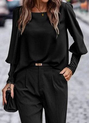 Round Neck Lantern Sleeve Blouse - MimiStylez