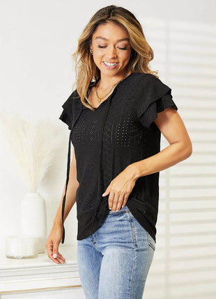 Double Take Eyelet Tie-Neck Flutter Sleeve Blouse - MimiStylez