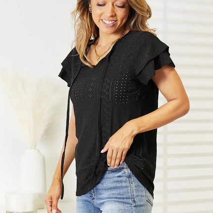 Double Take Eyelet Tie-Neck Flutter Sleeve Blouse - MimiStylez