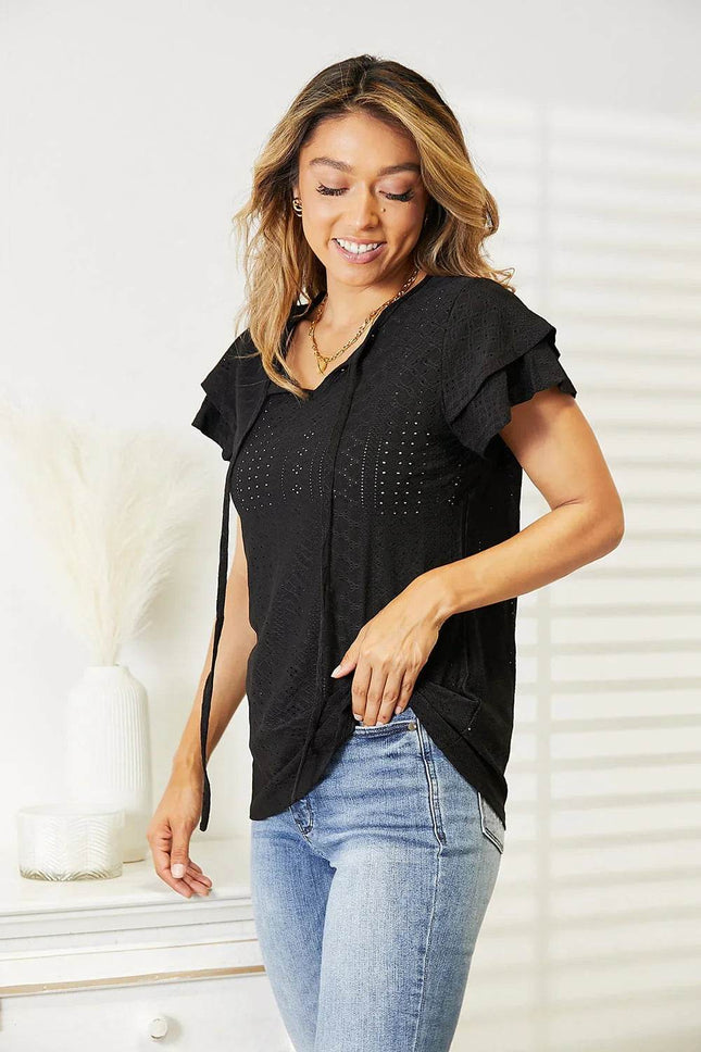 Double Take Eyelet Tie-Neck Flutter Sleeve Blouse - MimiStylez