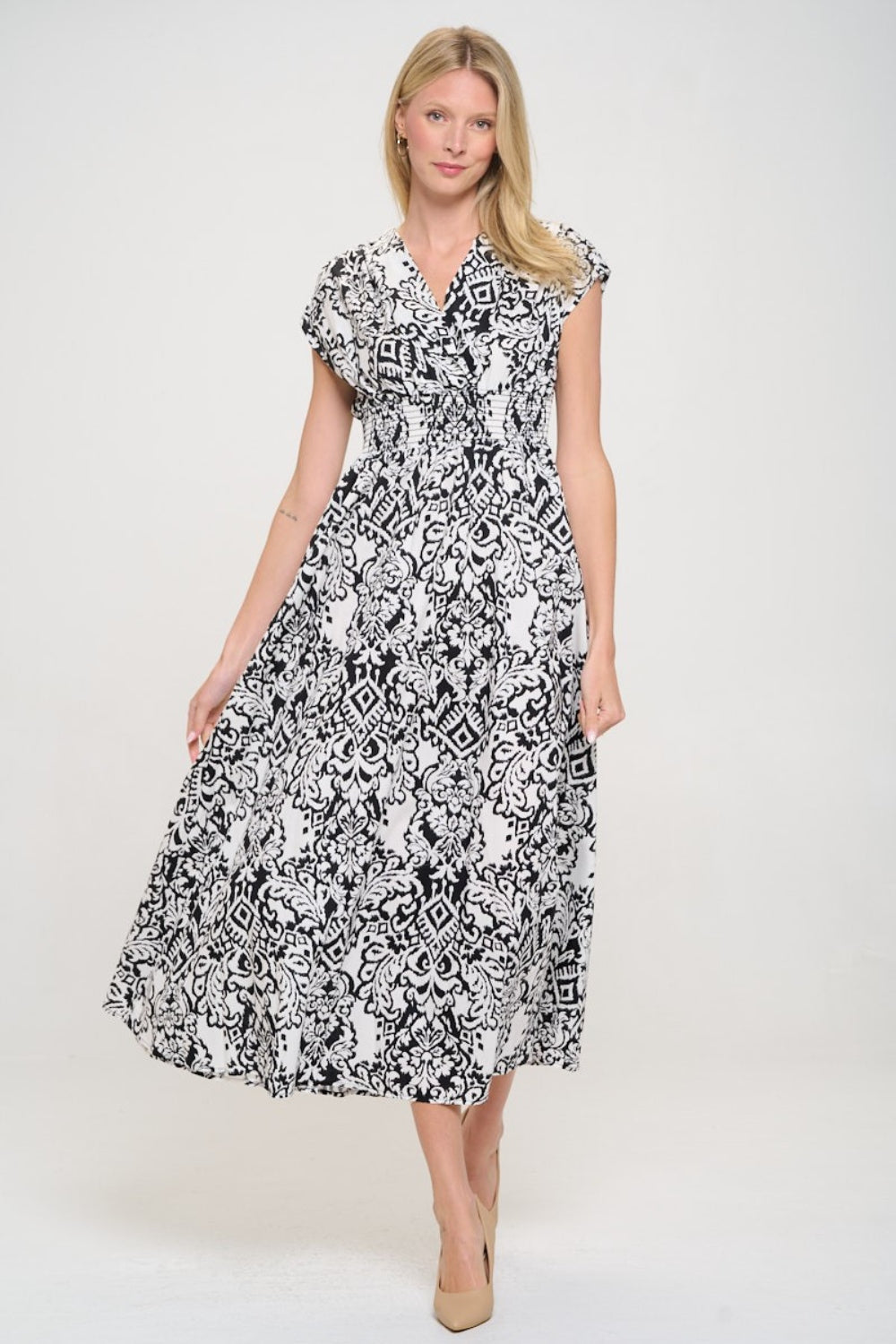 RENEE C Printed Smocked Waist Maxi Dress