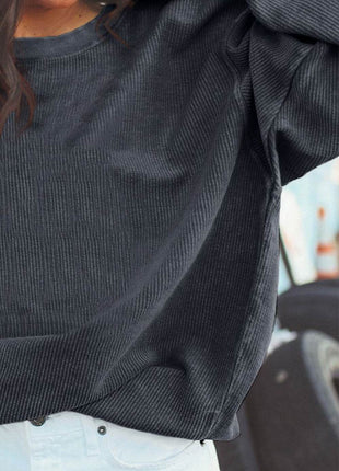 Ribbed Round Neck Drop Shoulder Sweatshirt - MimiStylez