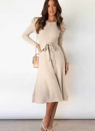 Round Neck Long Sleeve Tie Waist Sweater Dress - MimiStylez