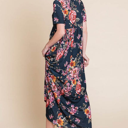 BOMBOM Floral Short Sleeve Maxi Dress - MimiStylez