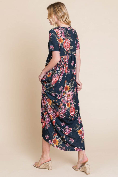 BOMBOM Floral Short Sleeve Maxi Dress - MimiStylez
