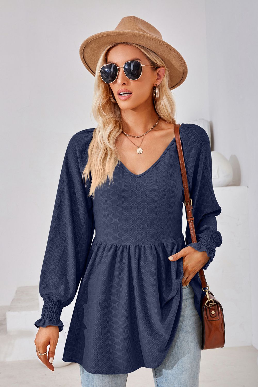 V-Neck Lantern Sleeve Blouse