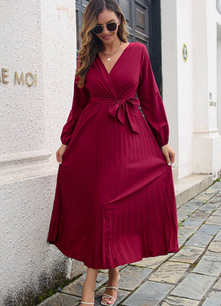 Pleated Long Sleeve Surplice Maxi Dress - MimiStylez