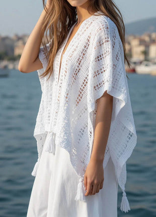 Openwork Tassel Open Front Knit Cover Up - MimiStylez