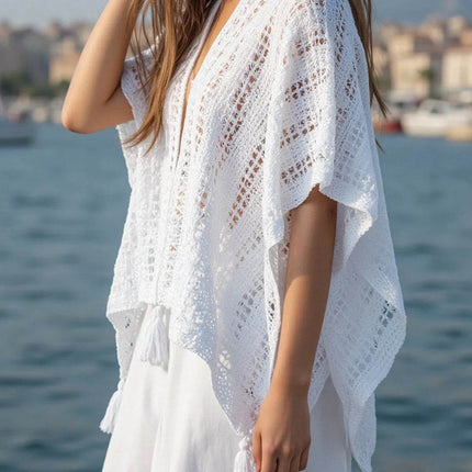 Openwork Tassel Open Front Knit Cover Up - MimiStylez