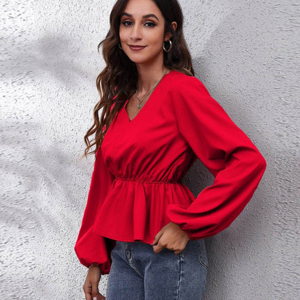 V-Neck Balloon Sleeve Peplum Blouse - MimiStylez