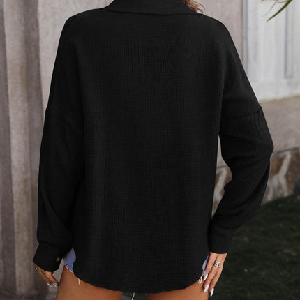 Textured Pocketed Button Up Dropped Shoulder Shirt - MimiStylez