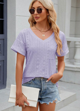 Eyelet V-Neck Short Sleeve T-Shirt - MimiStylez
