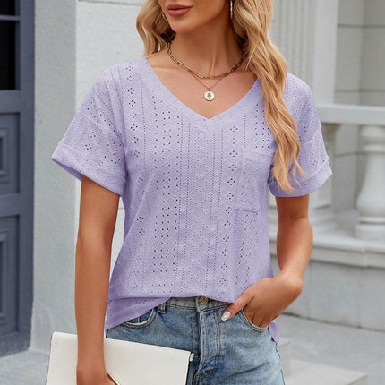 Eyelet V-Neck Short Sleeve T-Shirt - MimiStylez