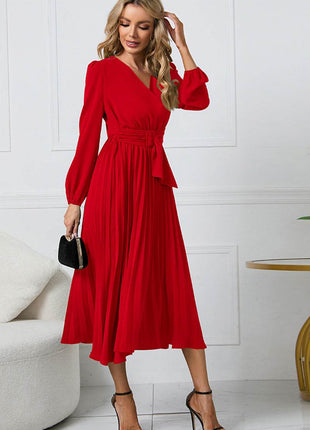 V-Neck Long Sleeve Tie Waist Midi Dress - MimiStylez