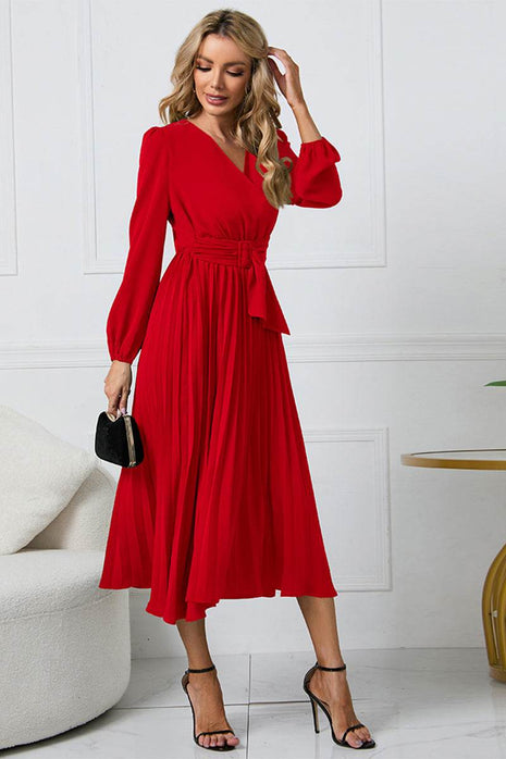 V-Neck Long Sleeve Tie Waist Midi Dress - MimiStylez