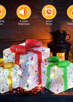 Star-Deer Pattern Options -- Set Of 3 Christmas Lighted Gift Boxes Xmas Present Ornament 50 LED Christmas Box Decorations With Ribbon Bows IP44 Waterproof Battery Powered For Indoor Outdoor Decor