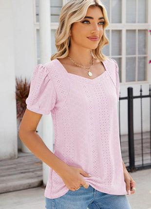 Eyelet Puff Sleeve T-Shirt - MimiStylez