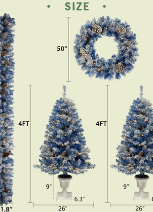 Pre-lit Christmas Tree Artificial Christmas 4-piece Set - 4FT Trees, 9FT Garland, 50" Wreath With Pine Cones