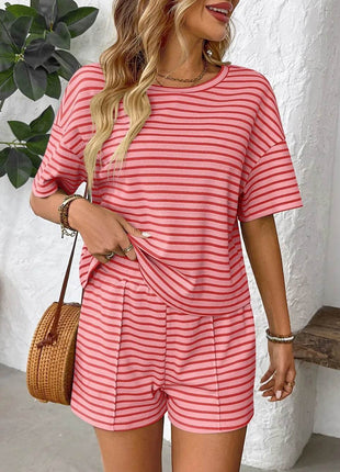 Striped Round Neck Short Sleeve Top and Shorts Set - MimiStylez