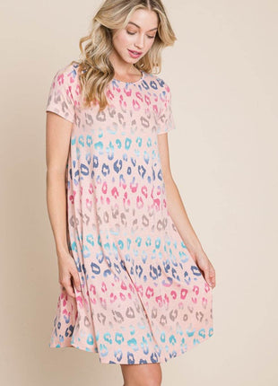 BOMBOM Leopard Round Neck Short Sleeve Dress - MimiStylez