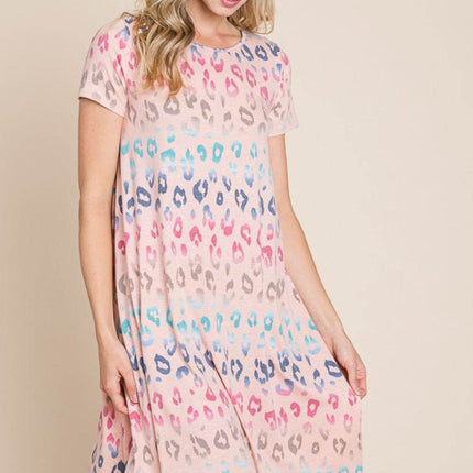 BOMBOM Leopard Round Neck Short Sleeve Dress - MimiStylez