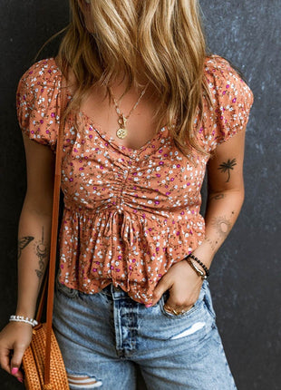 Drawstring Floral V-Neck Short Sleeve Blouse - MimiStylez