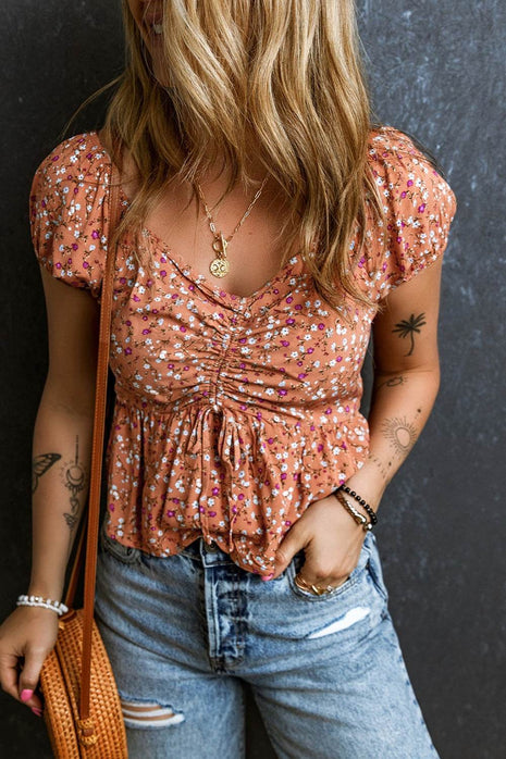 Drawstring Floral V-Neck Short Sleeve Blouse - MimiStylez