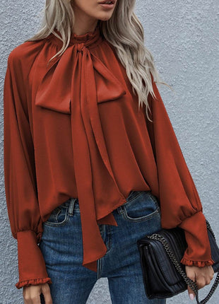 Tie Neck Lantern Sleeve Blouse - MimiStylez