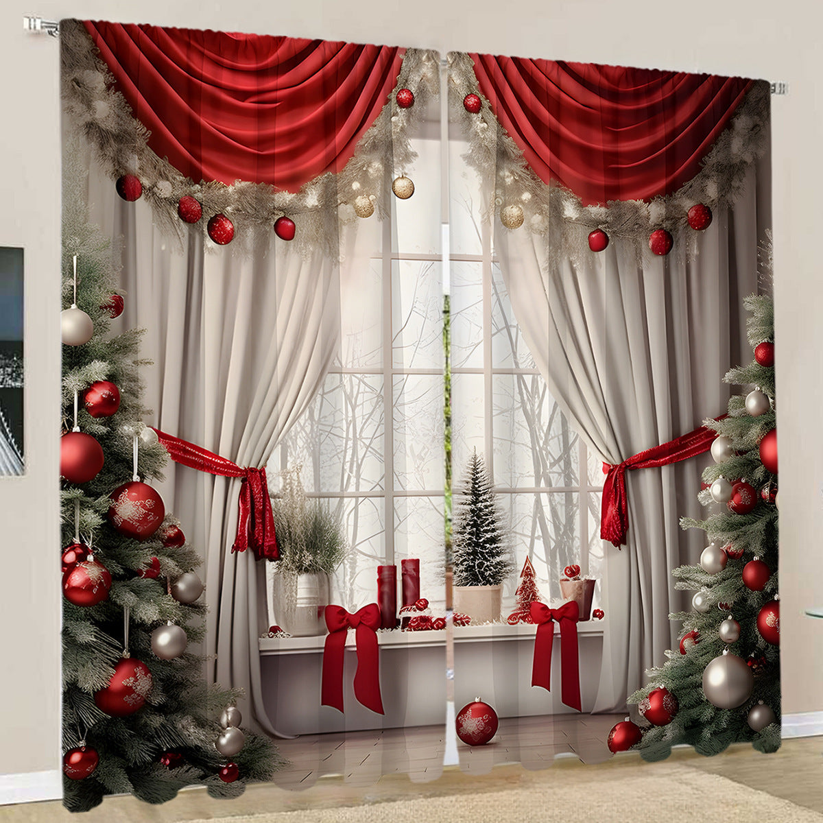 2PCs European Curtain Christmas Series Curtain Factory Generation 3D Digital Printing