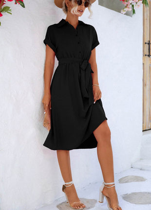Buttoned Tie Waist Short Sleeve Dress - MimiStylez